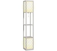 HOMCOM Lampadaire étagère, 2 lampes, lampe de salon sur pied avec douille E27, 2 étagères 4 niveaux, motif nid d'abeille, lampadaire salon, abat-jour en terylenecotton, gris