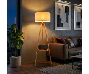 Homcom Lampadaire trépied design scandinave dim. 50L x 50l x 154 cm 40 W max. étagère intégrée bois massif pin abat-jour toile lin beige