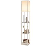 HOMCOM Lampe sur pied avec étagères, lumière réglable, interrupteur-pédale et ports USB, Blanc et Chêne
