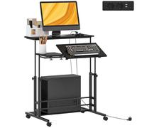 HOMCOM Lift Desk with Casters, Sockets, USB Ports, Adjustable Height, 80x60 cm, Standing Desk with Tilting Central Panel and Lower Storage Shelf, for Office, Home, Black