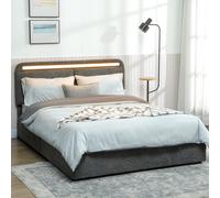 HOMCOM Lit coffre 140 x 190 cm avec éclairage LED, tête de lit réglable, cadre de lit double, sommier à lattes en bois, gris