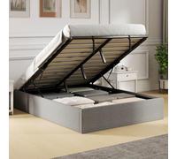 HOMCOM Lit Coffre 140 x 190 cm, Cadre de lit Double rembourré en Tissu Aspect Lin, sommier à Lattes en Bois, Rangement caché, sans Bruit, vérin à gaz, Montage Facile, Gris