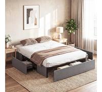 HOMCOM Lit Coffre 140 x 190 cm, Cadre de lit Double rembourré avec 3 tiroirs, sommier à Lattes en LVL, recouvert en Tissu de Lin, sans Bruit, Patins réglables, Gris
