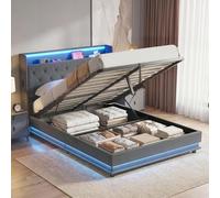 HOMCOM Lit Coffre 140x190cm avec éclairage LED et Station de Charge, Cadre de lit Double rembourré Lin, Rangement hydraulique, sommier à Lattes en Bois, tête de lit, Montage Facile, sans Bruit, Gris