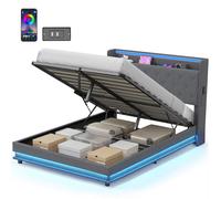 HOMCOM Lit coffre 140x190cm éclairage LED et station de charge cadre de lit double rembourré lin rangement hydraulique gris