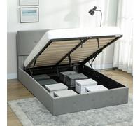 HOMCOM Lit-coffre avec espace escamotable et tête de lit capitonnée en velours, en bois et métal, 195x141x106 cm, Gris