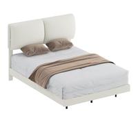 HOMCOM Lit Double 135 x 190 cm, Cadre de lit avec tête de lit rembourrée, Effet Suspendu, Structure métallique, Lattes en Bois, Silencieux, Style Moderne, Beige