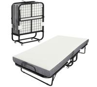 HOMCOM Lit Pliant 1 Personne 200 x 80 cm avec Matelas, Lit d'Appoint Blanc | Pliable et Portable sur Roulettes, Mousse Haute Densité 12,5 cm, Facile à Plier, à Rouler et à Ranger, Cadre en Acier