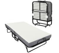 HOMCOM Lit pliant 1 personne 200 x 80 cm avec matelas, lit d'appoint pliable et portable sur roulettes, cadre en acier, blanc
