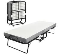 HOMCOM Lit Pliant 1 Personne 200 x 80 cm avec Matelas, lit d'appoint Pliable et Portable sur roulettes, Mousse à mémoire de Forme 12,7 cm, Facile à Plier, à Rouler et à Ranger, Cadre en Acier, Blanc