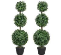 HOMCOM Lot de 2 Arbres artificiels 101,6 cm Plantes artificielles PE 3 Boules de buis topiaires Fausse Plante Vert avec Pot en Plastique rempli de Ciment décoration intérieure et extérieure