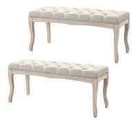 HOMCOM Lot de 2 banc Banquette capitonnée Style Classique 110 cm Bout de lit Rembourrée en lin piètement Bois hévéa sculpté