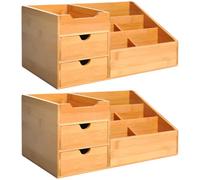 HOMCOM Lot de 2 Boîtes de Rangement de Bureau 7 Compartiments Bambou Verni | Organiseur de Bureau, 2 tiroirs