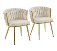 HOMCOM Lot de 2 chaises de salle à manger, chaises de cuisine rembourrées en velours avec dossier tressé et accoudoirs, crème