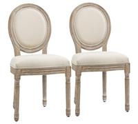 Lot de 2 chaises de salle à manger - chaise de salon médaillon style Louis XVI - bois massif sculpté, patiné - aspect lin beige