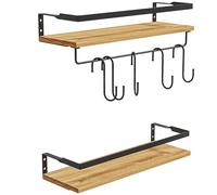 HOMCOM Lot de 2 étagères murales en Bois de pin, Longueur de 43 cm, avec 6 Crochets Amovibles en Acier, Style Industriel, étagère à épices, pour Cuisine, Salle à Manger, Salon, Naturel et Noir