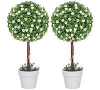 HOMCOM Lot de 2 Plantes artificielles décoratives - Arbre topiaire en Forme de Boule avec Rose en Pot - Plantes artificielles pour décoration d'intérieur et d'extérieur - 60 cm - Blanc
