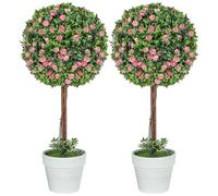 HOMCOM Lot de 2 plantes artificielles décoratives - Arbre topiaire en forme de boule avec rose en pot - Plantes artificielles pour décoration d'intérieur et d'extérieur - 60 cm - Rose