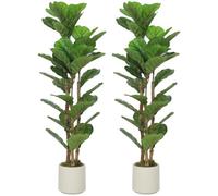 HOMCOM Lot de 2 Plantes Artificielles Intérieures 120 cm 45 Feuilles Vert | Arbre Artificiel, Figuier Lyre, Pot en Plastique, Tronc en Bois Massif, Fausse Plante, Décoration pour Maison Bureau Salon