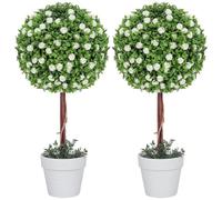 HOMCOM Lot de 2 Plantes artificielles Topiaire Boule 60cm Blanc | Fleur de rose en pot, fausses plantes, déco intérieur/extérieur