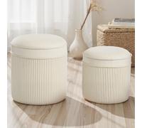 HOMCOM Lot de 2 poufs de rangement en velours, repose-pieds ronds gigognes avec couvercle amovible, Ø 36 et Ø 32 cm, crème