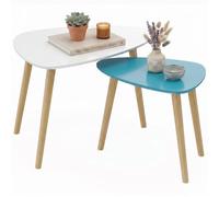 HOMCOM Lot de 2 Tables Basses Gigognes Design Scandinave Blanc et Bleu | Pieds en Bois, Plateau en Bois
