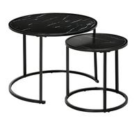 HOMCOM Lot de 2 Tables Basses Rondes gigogne empilables Table d'appoint Aspect marbre Plateau en Bois et Pieds en métal Noir