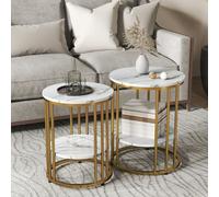 HOMCOM Lot de 2 tables basses rondes tables de salon effet marbre avec étagère de rangement ouverte et cadre en acier or