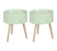 HOMCOM Lot de 2 Tables Basses - Table de Chevet - Table de Nuit Ronde - Design scandinave Table d'appoint Bout de canapé avec tiroir Pieds effilés inclinés Bois Massif chêne Clair Vert