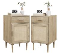 HOMCOM Lot de 2 Tables de Chevet avec Placard 40 x 40 x 68,5 cm Naturel | Table d'appoint, Étagère, Porte Rotin Tissé, 1 Tiroir, Design Bohème