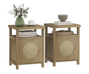 HOMCOM Lot de 2 Tables de Chevet étroite, Table d'appoint avec Compartiment Ouvert et 1 Placard, Finition en rotin, Style bohème, pour Chambre à Coucher, Salon, 40 x 35 x 55 cm, Effet Bois Marron