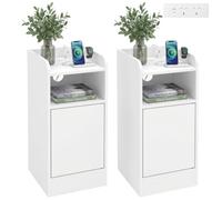 HOMCOM Lot de 2 tables de chevet fines avec station de charge, armoire de chevet étroite avec compartiment ouvert, étagère réglable et placard, table d'appoint pour chambre à coucher, salon, coins