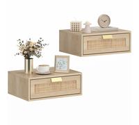 Homcom Lot de 2 tables de chevet flottantes, tables de chevet de chambre à coucher avec tiroir en rotin, gain de place, design moderne, pour salon, 40x30x15 cm, chêne Kaki