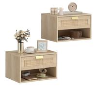 HOMCOM Lot de 2 Tables de Chevet flottantes, Tables de Chevet pour Chambre à Coucher avec tiroir en rotin, étagère Ouverte, Gain de Place, Design Nordique, pour Salon, 40 x 30 x 25 cm, chêne