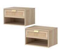 HOMCOM Lot de 2 Tables de Chevet Murales Flottantes avec Tiroir en Rotin Étagère Ouverte Gain de Place 40x30x25 cm Chêne