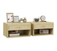 HOMCOM Lot de 2 Tables de Chevet murales Table de Nuit - tiroir Coulissant, Niche, Plateau - en Bois façade Effet rotin tissé dim. 40L x 34l x 23H cm