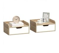 HOMCOM Lot de 2 Tables de Chevet murales, Tables de Nuit suspendues avec tiroir et Plateau à rebords surélevés, Style Moderne, pour Chambre à Coucher, Salon, 40 x 30 x 19,5 cm, Blanc et Bois Naturel