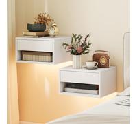 HOMCOM Lot de 2 tables de chevet suspendues avec éclairage LED RGB contrôle par application, étagère, tiroir, 37x32x21cm, blanc