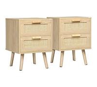 HOMCOM Lot de 2 Tables de Chevet, Tables d'appoint, 2 tiroirs avec façades Aspect cannage rotin, Style bohème, Tables de Nuit, Pieds en Bois de pin, Naturel