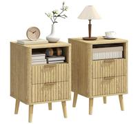 HOMCOM Lot de 2 Tables de Chevet, Tables de Nuit avec 2 tiroirs et Compartiment Ouvert, Coins arrondis, texturé en Vague, Pieds en Bois Massif, Style Moderne, pour Chambre à Coucher, Salon, chêne