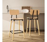 HOMCOM Lot de 2 tabourets de bar avec dossier, hauteur réglable et repose-pieds structure en acier hauteur 94 cm, bois naturel