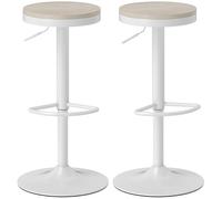 HOMCOM Lot de 2 tabourets de Bar, chaises de Bar pivotantes, Chaise Haute Cuisine Moderne avec Assise en hévéa, Hauteur réglable et Repose-Pieds, Cadre en Acier, Blanc