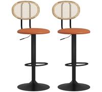 HOMCOM Lot de 2 Tabourets de Bar Hauteur Réglable Dossier Rotin Marron | Chaises de Bar, Repose-Pieds, Tabouret Haut Moderne, Structure Bois, Revêtement Synthétique