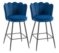 HOMCOM Lot de 2 tabourets de bar modernes au toucher velours avec dossier en pétales et repose-pieds - Chaises de bar rembourrées avec pieds en métal pour cuisine, comptoir et salle à manger, bleu