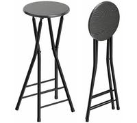 HOMCOM Lot de 2 tabourets de bar pliants, tabourets de cuisine hauts ronds avec 2 repose-pieds, structure en bois et acier, chaises bar hautes, pour péninsule, noir
