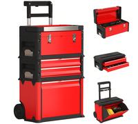 HOMCOM Lot de 3 boîtes à outils sur roulettes empilables et modulaires, servante d'atelier caisse à outil trolley en acier avec plateau, poignées et serrure, pour garage et entrepôt, rouge Description