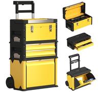 HOMCOM Lot de 3 boîtes à outils sur roulettes empilables et modulaires, servante d'atelier caisse à outil trolley en acier avec plateau, poignées et serrure, pour garage et entrepôt, jaune