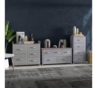 HOMCOM Lot de 3 commodes en tissu meuble de rangement chiffonnier 14 tiroirs non-tissés gris structure acier blanc plateau