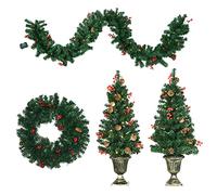 HOMCOM Lot de 4 pièces décoration de Noël lumineuse couronne 2 sapins et guirlande