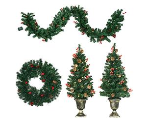 HOMCOM Lot de 4 pièces décoration de Noël Lumineuse 1 Couronne + 1 Guirlande + 2 sapins de noël